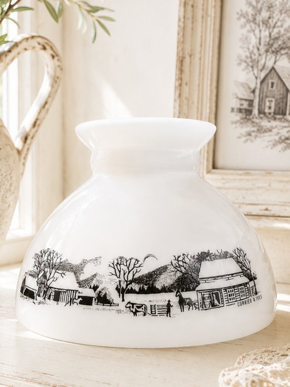 Vintage Milk Glass "Currier & Ives" Lamp Shade